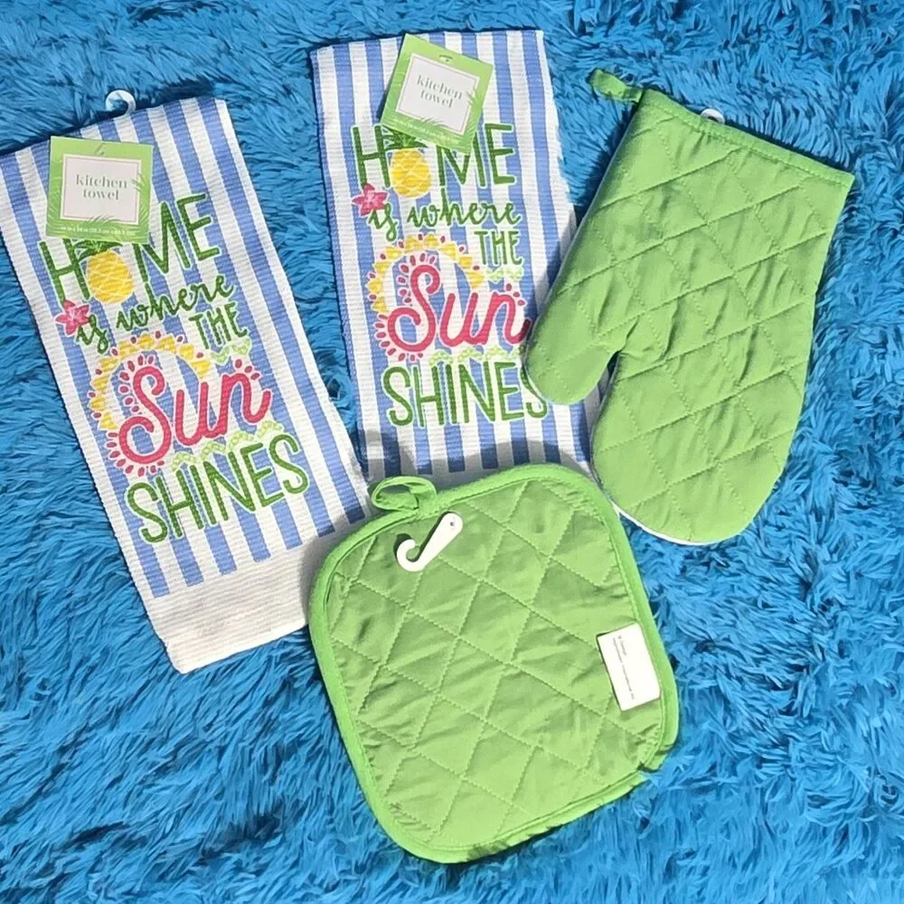 4pc Home is Where the Sun Shines Kitchen Set: Oven Mitt Potholder + 2 Towels